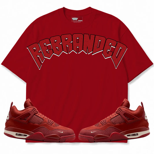 Rebranded Studios Girls 2.0 Air Jordan 4 Brick By Brick red shirt — front with sneakers
