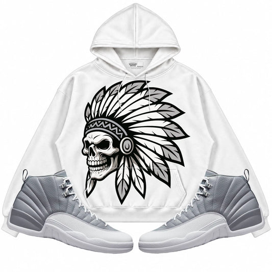 Rebranded Studios Chief 2.0 Air Jordan Retro 12 Stealth White hoodie — front with sneakers