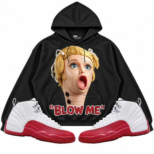 Rebranded Studios Blow Me Air Jordan 12 Cherry Black hoodie — front with sneakers