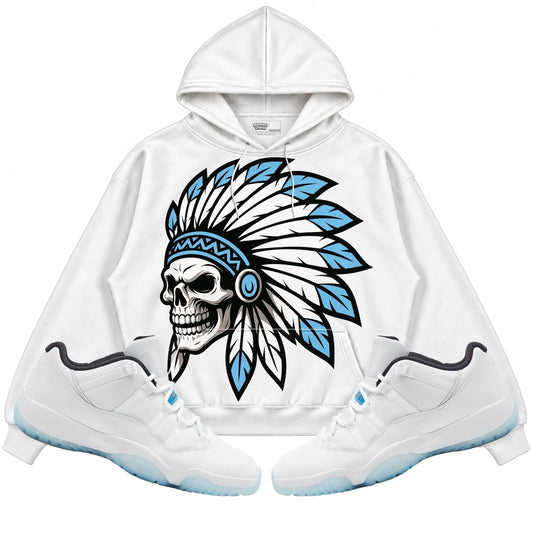 Rebranded Studios Chief 2.0 Air Jordan 11 Legend Blue White hoodie — front with sneakers
