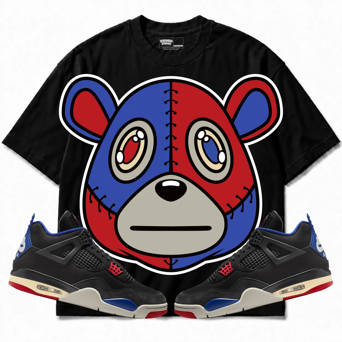 Rebranded Studios Rebranded Bear Air Jordan 4 Rare Air Black shirt — front with sneakers