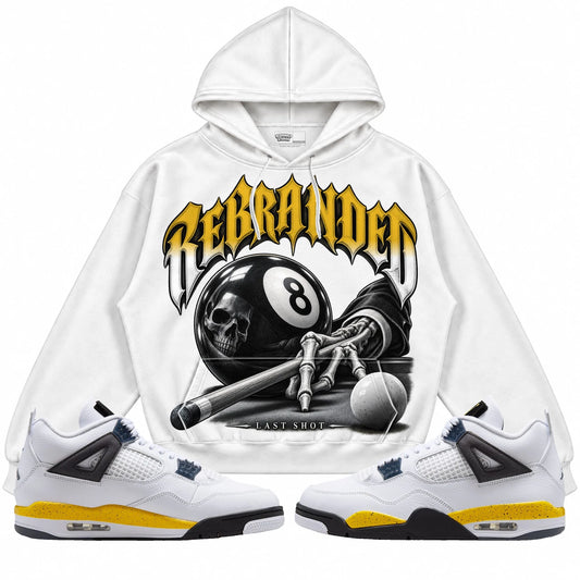 Rebranded Studios Last Shot Air Jordan 4 Tour Yellow Collection white hoodie — front with sneakers