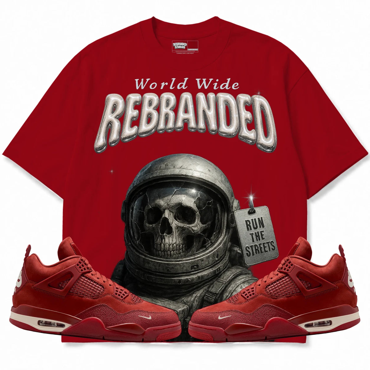 Rebranded Studios WW Run The Streets Air Jordan 4 Brick By Brick red shirt — front with sneakers