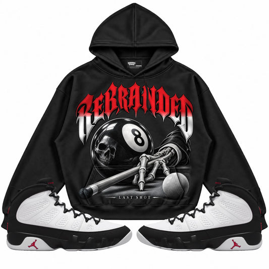 Rebranded Studios Last Shot Air Jordan 9 OG Space Jam Collection black hoodie — front with sneakers