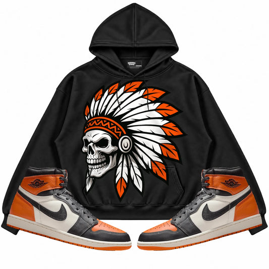 Rebranded Studios Chief 2.0 Air Jordan 1 Shattered Backboard Black hoodie — front with sneakers