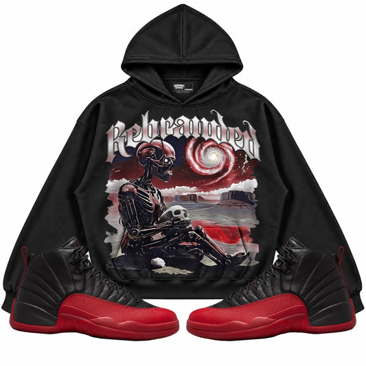 Rebranded Studios Rebranded Future Air Jordan 12 Flu Game Black hoodie — front with sneakers