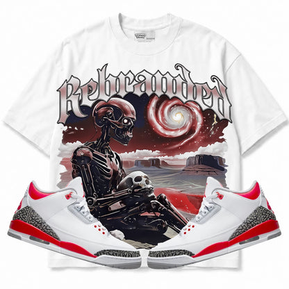 Rebranded Studios Rebranded Future Air Jordan Retro 3 Fire Red White shirt — front with sneakers