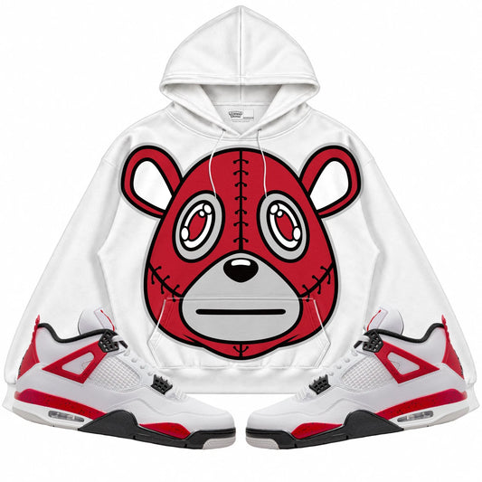 Rebranded Studios Rebranded Bear Air Jordan 4 Red Cement White hoodie — front with sneakers
