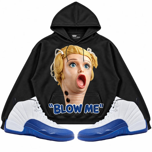 Rebranded Studios Blow Me Air Jordan 12 Blueberry Black hoodie — front with sneakers