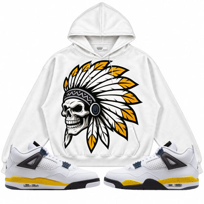 Rebranded Studios Chief 2.0 Air Jordan 4 Tour Yellow white hoodie — front with sneakers