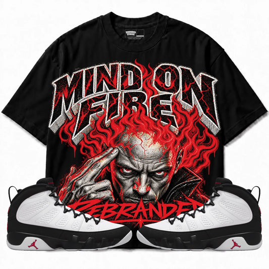 Rebranded Studios Mind on Fire Air Jordan 9 OG Space Jam Collection black shirt — front with sneakers