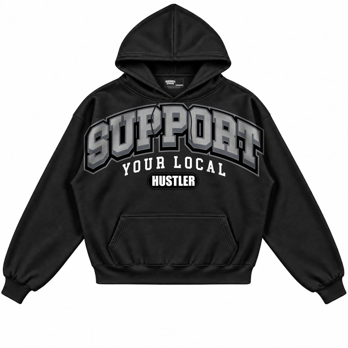 Rebranded Studios Support Your Local Hustler Air Jordan 8 Chrome black hoodie — front