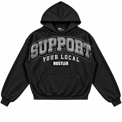 Rebranded Studios Support Your Local Hustler Air Jordan 8 Chrome black hoodie — front