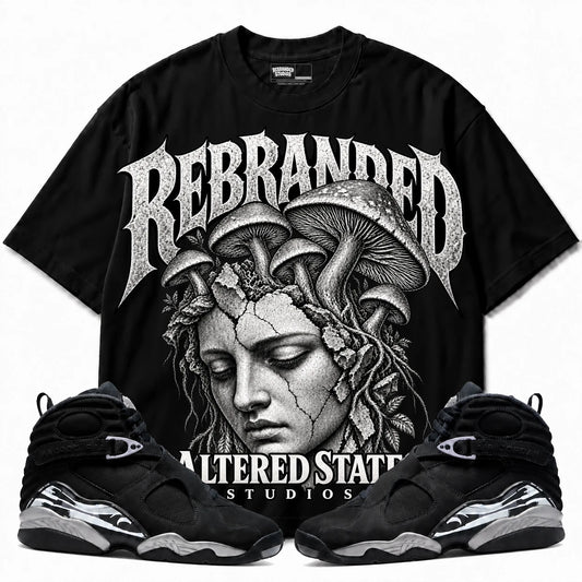 Rebranded Studios Altered State Air Jordan 8 Chrome Collection black shirt — front with sneakers