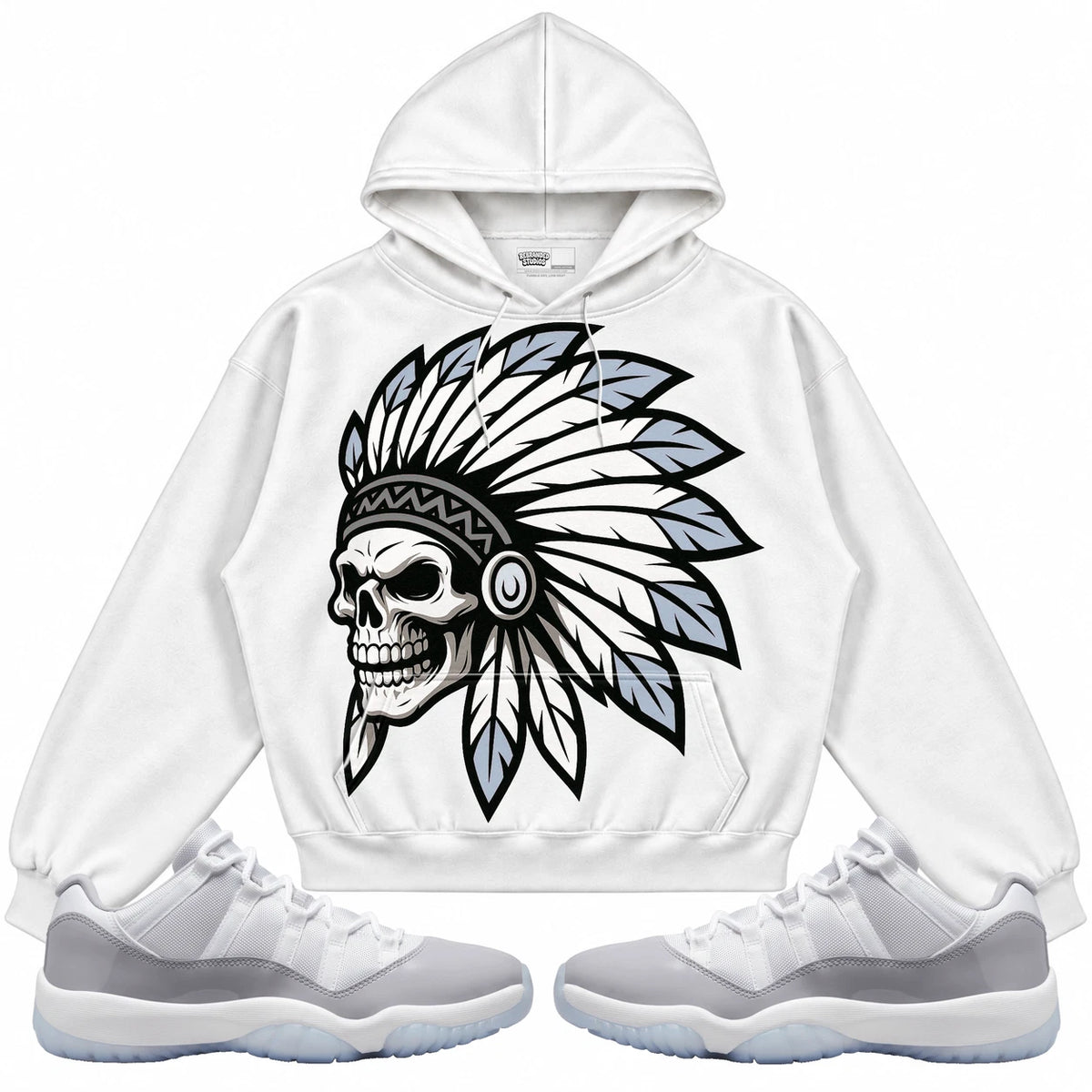 Rebranded Studios Chief 2.0 Air Jordan 11 Cement Grey White hoodie — front with sneakers