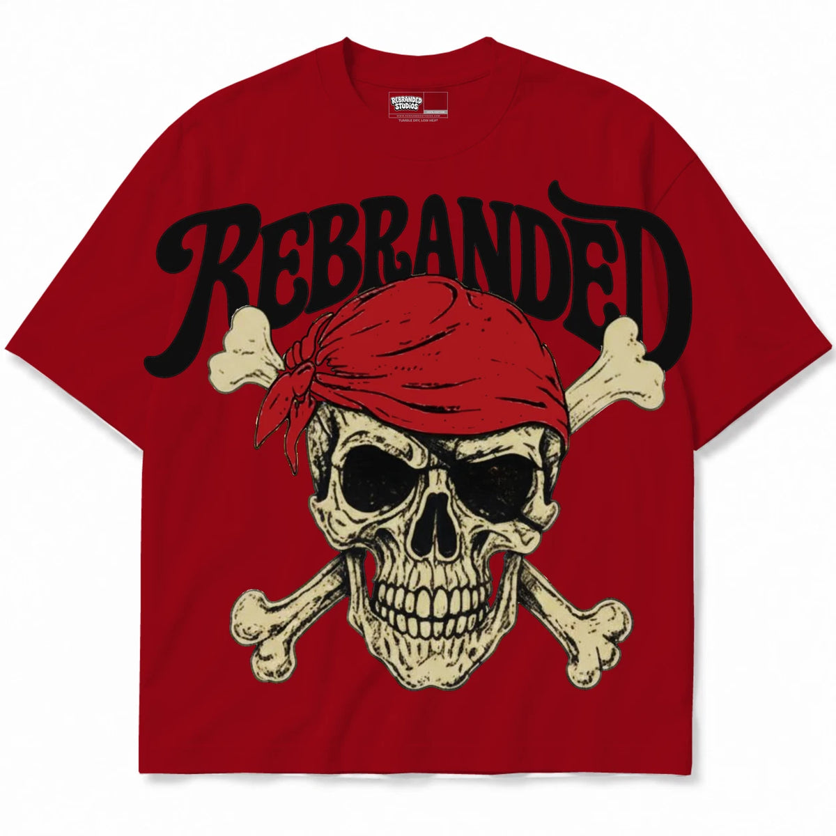 Rebranded Studios Pirate Air Jordan 4 Brick By Brick red shirt — front