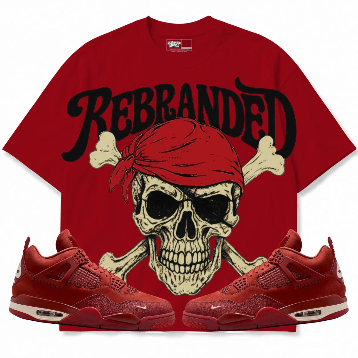 Rebranded Studios Pirate Air Jordan 4 Brick By Brick red shirt — front with sneakers