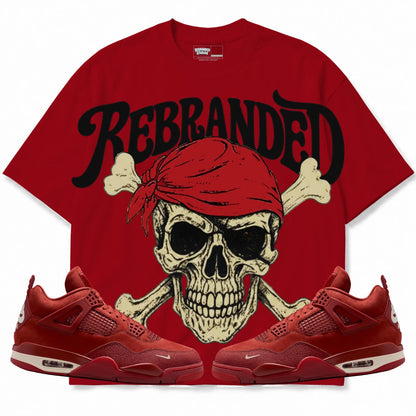 Rebranded Studios Pirate Air Jordan 4 Brick By Brick red shirt — front with sneakers