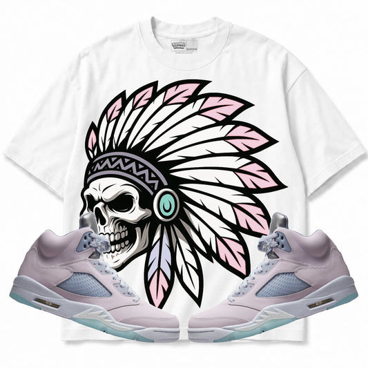 Rebranded Studios Chief 2.0 Air Jordan Retro 5 Easter/Regal Pink White shirt — front with sneakers