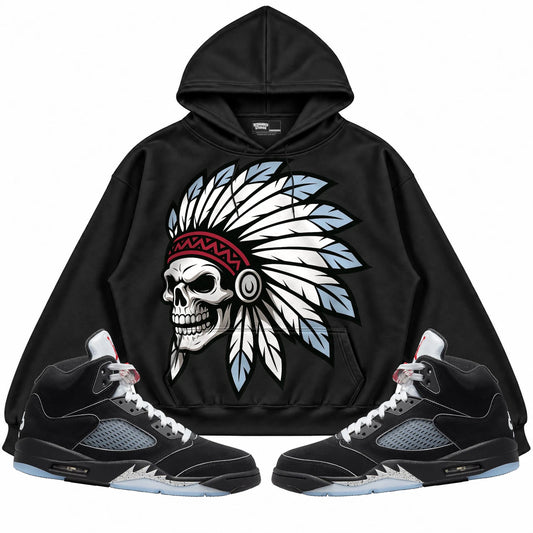 Rebranded Studios Chief 2.0 Air Jordan 5 Black Metallic Reimagined Black hoodie — front with sneakers