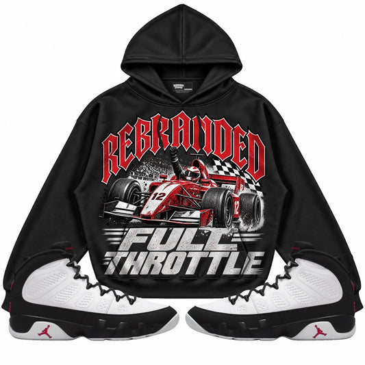 Rebranded Studios Full Throttle Air Jordan 9 OG Space Jam Collection black hoodie — front with sneakers