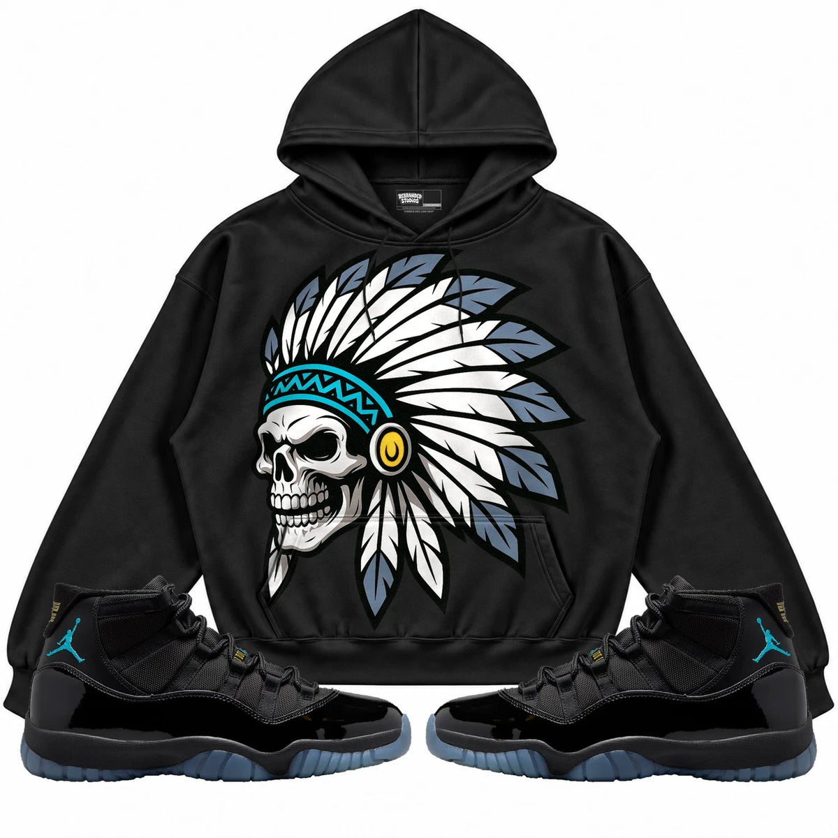 Rebranded Studios Chief 2.0 Air Jordan 11 Gamma Blue Black hoodie — front with sneakers