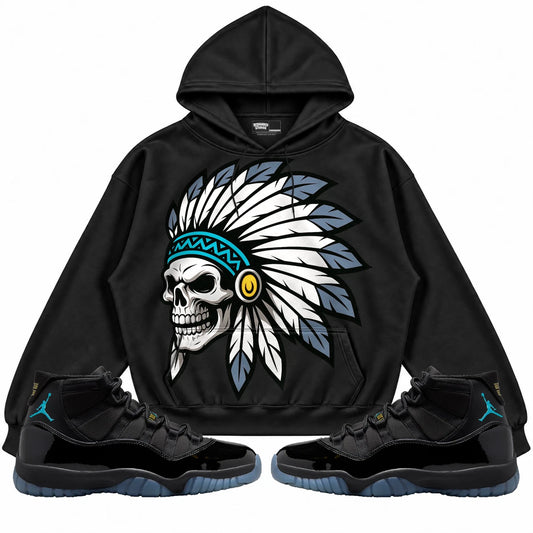 Rebranded Studios Chief 2.0 Air Jordan 11 Gamma Blue Black hoodie — front with sneakers