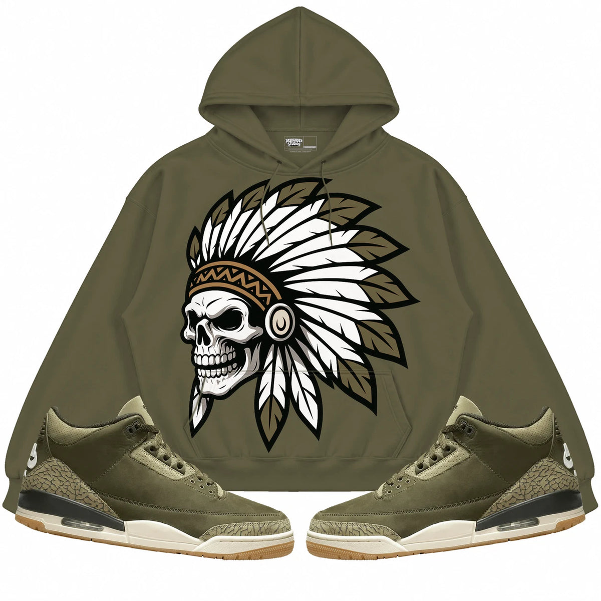 Rebranded Studios Chief 2.0 Air Jordan 3 Family Affair Olive hoodie — front with sneakers