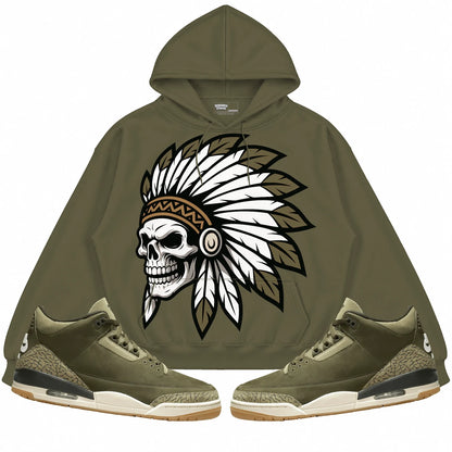 Rebranded Studios Chief 2.0 Air Jordan 3 Family Affair Olive hoodie — front with sneakers