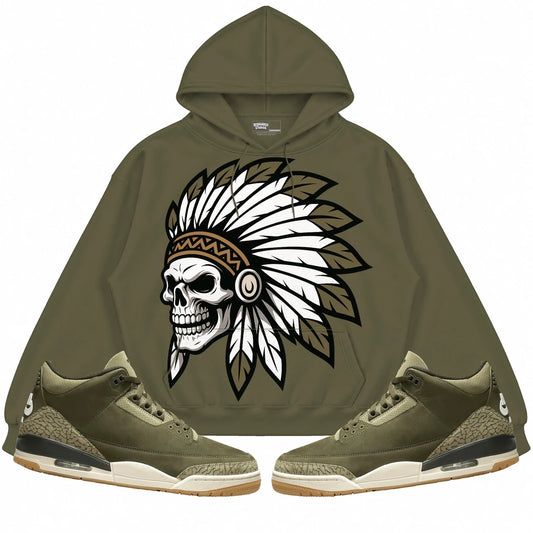 Rebranded Studios Chief 2.0 Air Jordan 3 Family Affair Olive hoodie — front with sneakers