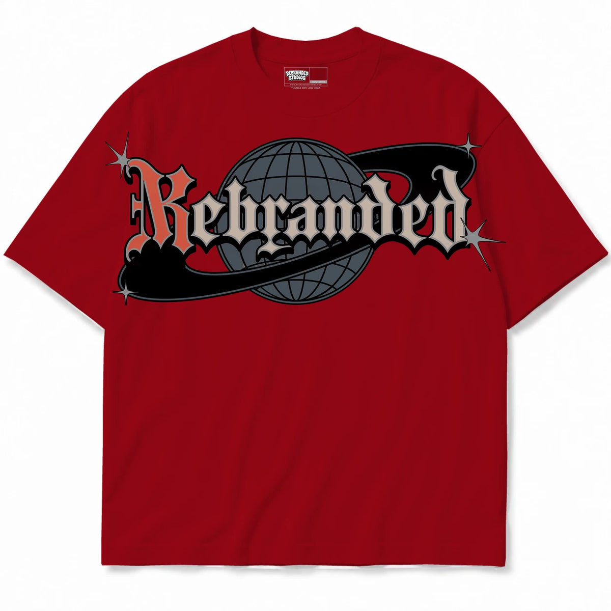 Rebranded Studios World Air Jordan 4 Brick By Brick red shirt — front