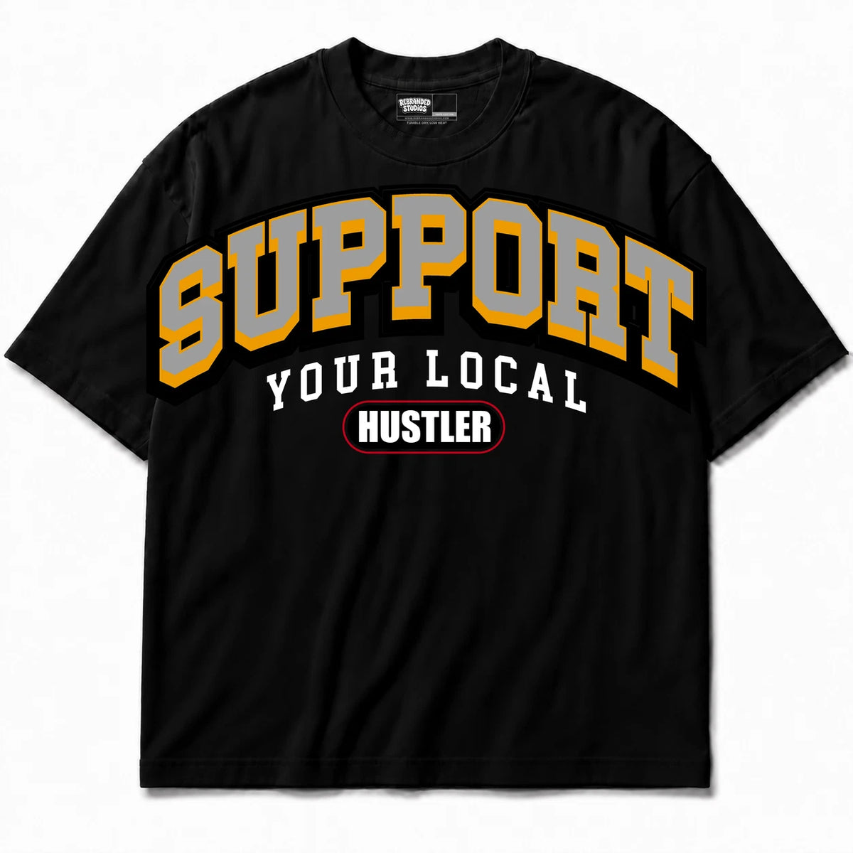 Rebranded Studios Support Your Local Hustler Air Jordan 12 Taxi Black shirt — front