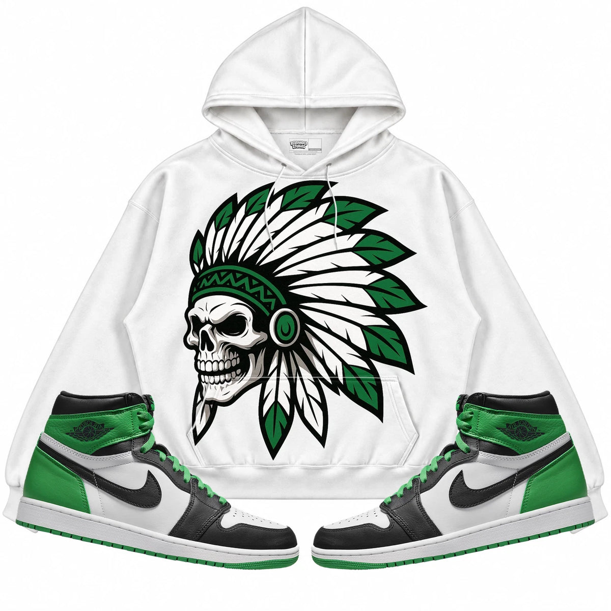 Rebranded Studios Chief 2.0 Air Jordan 1 Lucky Green White hoodie — front with sneakers