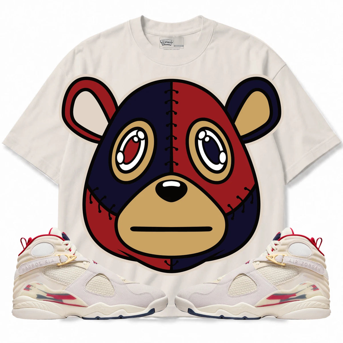 Rebranded Studios Rebranded Bear AIR JORDAN 8 X SOLEFLY “MI CASA ES SU CASA" Collection light warm gray shirt — front with sneakers