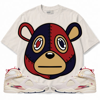 Rebranded Studios Rebranded Bear AIR JORDAN 8 X SOLEFLY “MI CASA ES SU CASA" Collection light warm gray shirt — front with sneakers