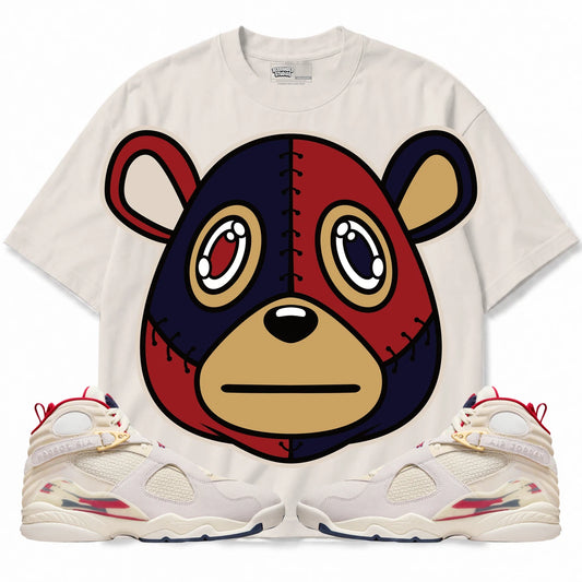 Rebranded Studios Rebranded Bear AIR JORDAN 8 X SOLEFLY “MI CASA ES SU CASA" Collection light warm gray shirt — front with sneakers