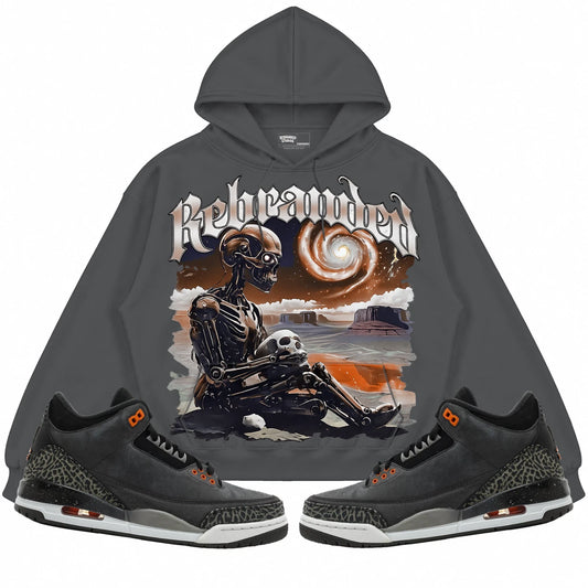 Rebranded Studios Rebranded Future Air Jordan 3 Fear Charcoal Gray hoodie — front with sneakers