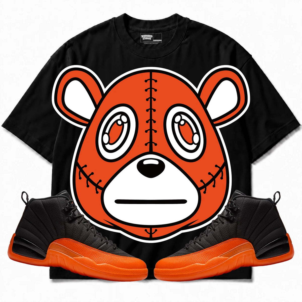 Rebranded Studios Rebranded Bear Air Jordan 12 Brilliant Orange Black shirt — front with sneakers