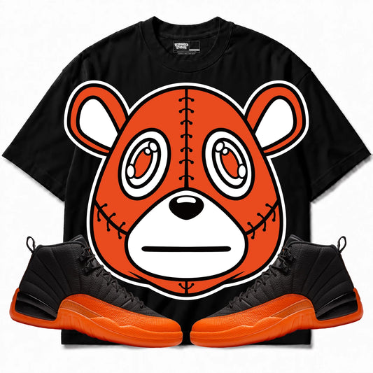 Rebranded Studios Rebranded Bear Air Jordan 12 Brilliant Orange Black shirt — front with sneakers