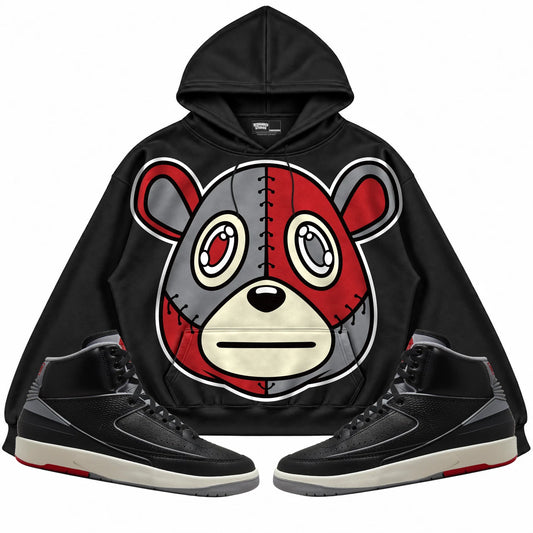 Rebranded Studios Rebranded Bear Air Jordan 2 Black Cement Black hoodie — front with sneakers