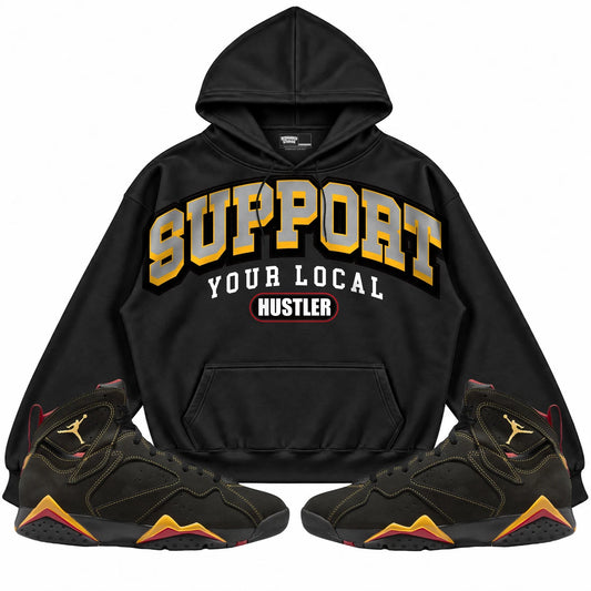 Rebranded Studios Support Your Local Hustler Air Jordan Retro 7 Citrus Black hoodie — front with sneakers