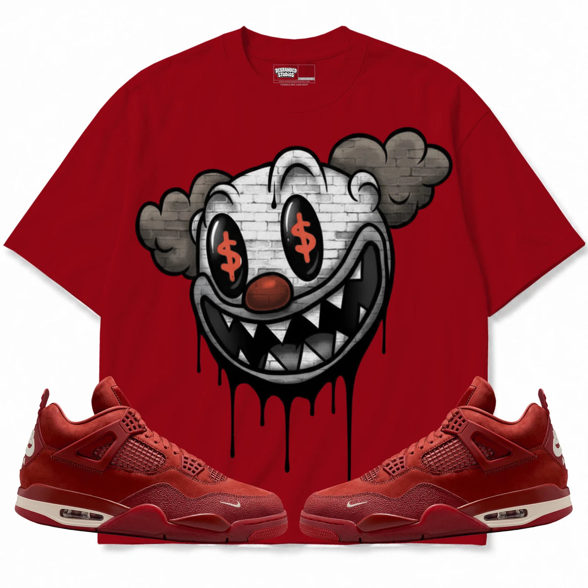 Rebranded Studios Clown Air Jordan 4 Brick By Brick red shirt — front with sneakers