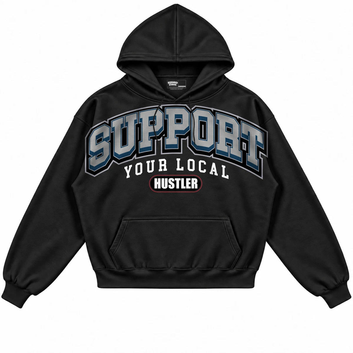Rebranded Studios Support Your Local Hustler Air Jordan 12 French Blue Black hoodie — front