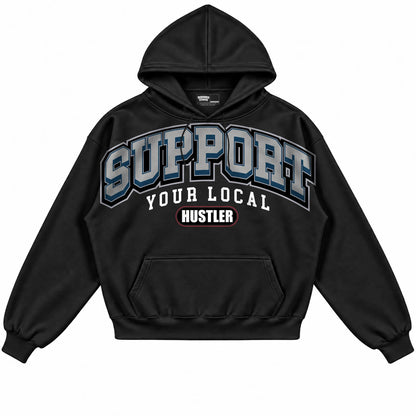 Rebranded Studios Support Your Local Hustler Air Jordan 12 French Blue Black hoodie — front