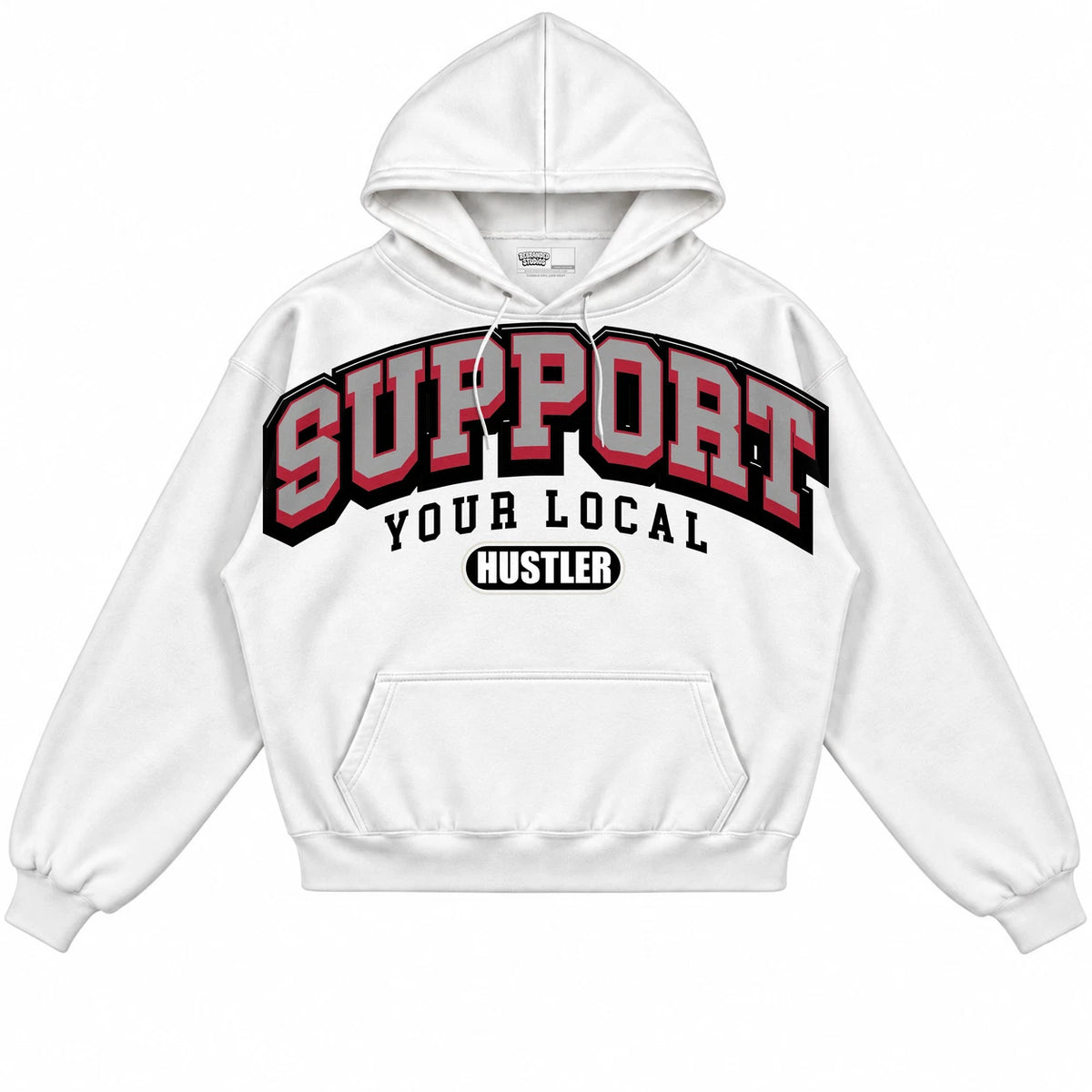 Rebranded Studios Support Your Local Hustler Air Jordan 1 High OG Black Toe Reimagined Collection White hoodie — front