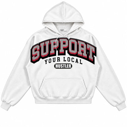 Rebranded Studios Support Your Local Hustler Air Jordan 1 High OG Black Toe Reimagined Collection White hoodie — front