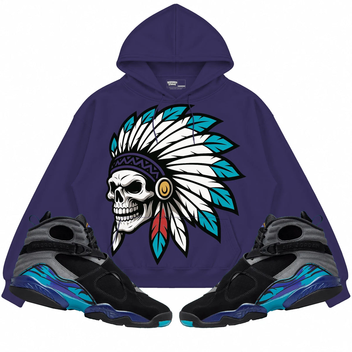 Rebranded Studios Chief 2.0 Air Jordan 8 Aqua Purple hoodie — front with sneakers