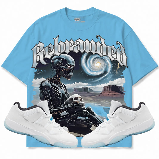 Rebranded Studios Rebranded Future Air Jordan 11 Legend Blue light blue shirt — front with sneakers