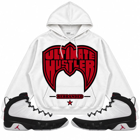 Rebranded Studios Ultimate Hustler Air Jordan 9 OG Space Jam Collection white hoodie — front with sneakers
