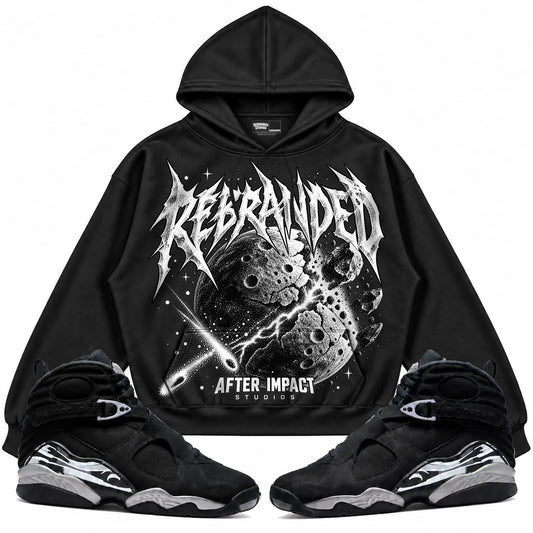 Rebranded Studios After Impact Air Jordan 8 Chrome Collection black hoodie — front with sneakers